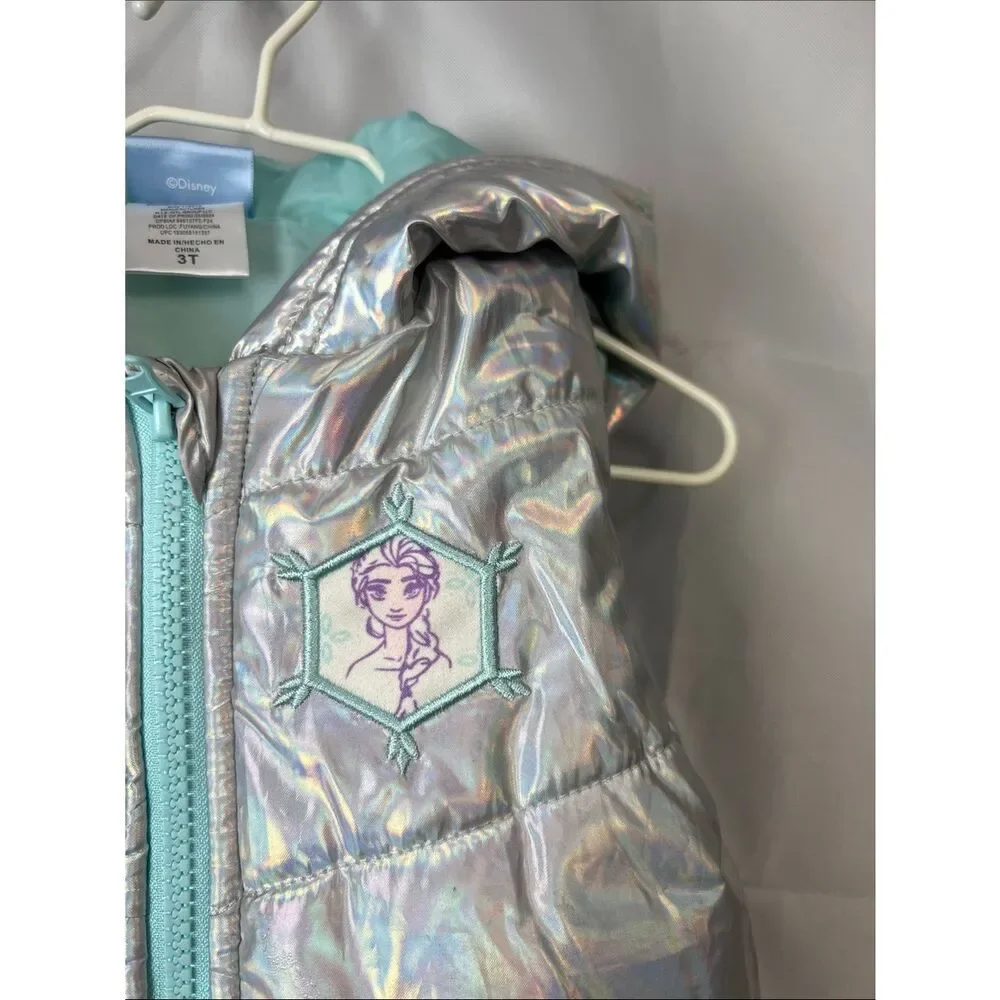 Disney Frozen iridescent silver and mint green Elsa puffer vest 3T